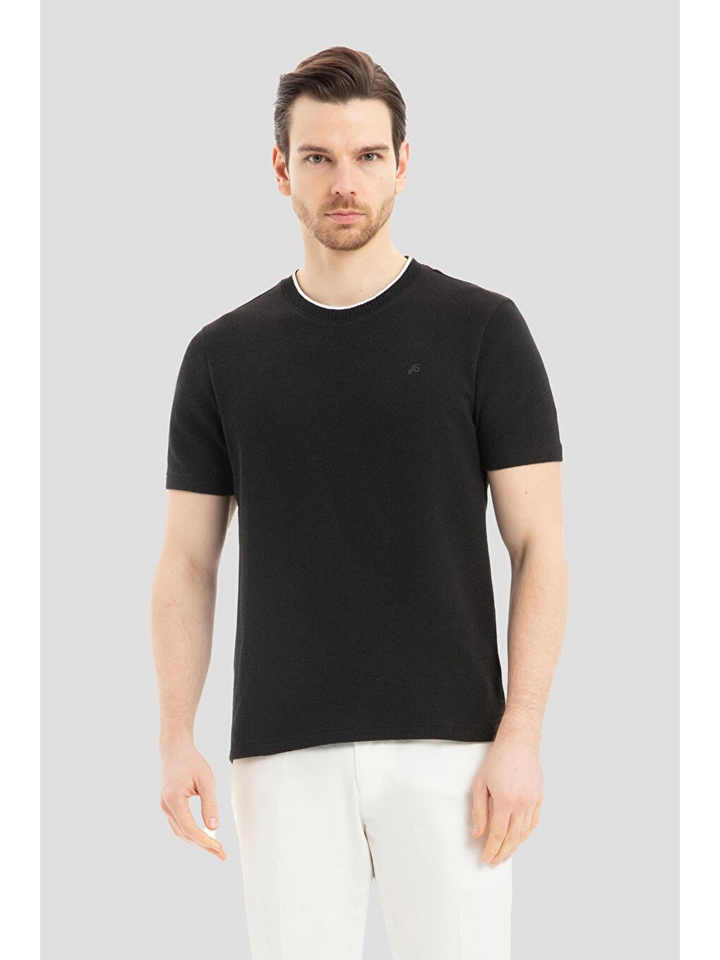 Siyah Bisiklet Yaka Dokulu Erkek T-Shirt – Regular Fit