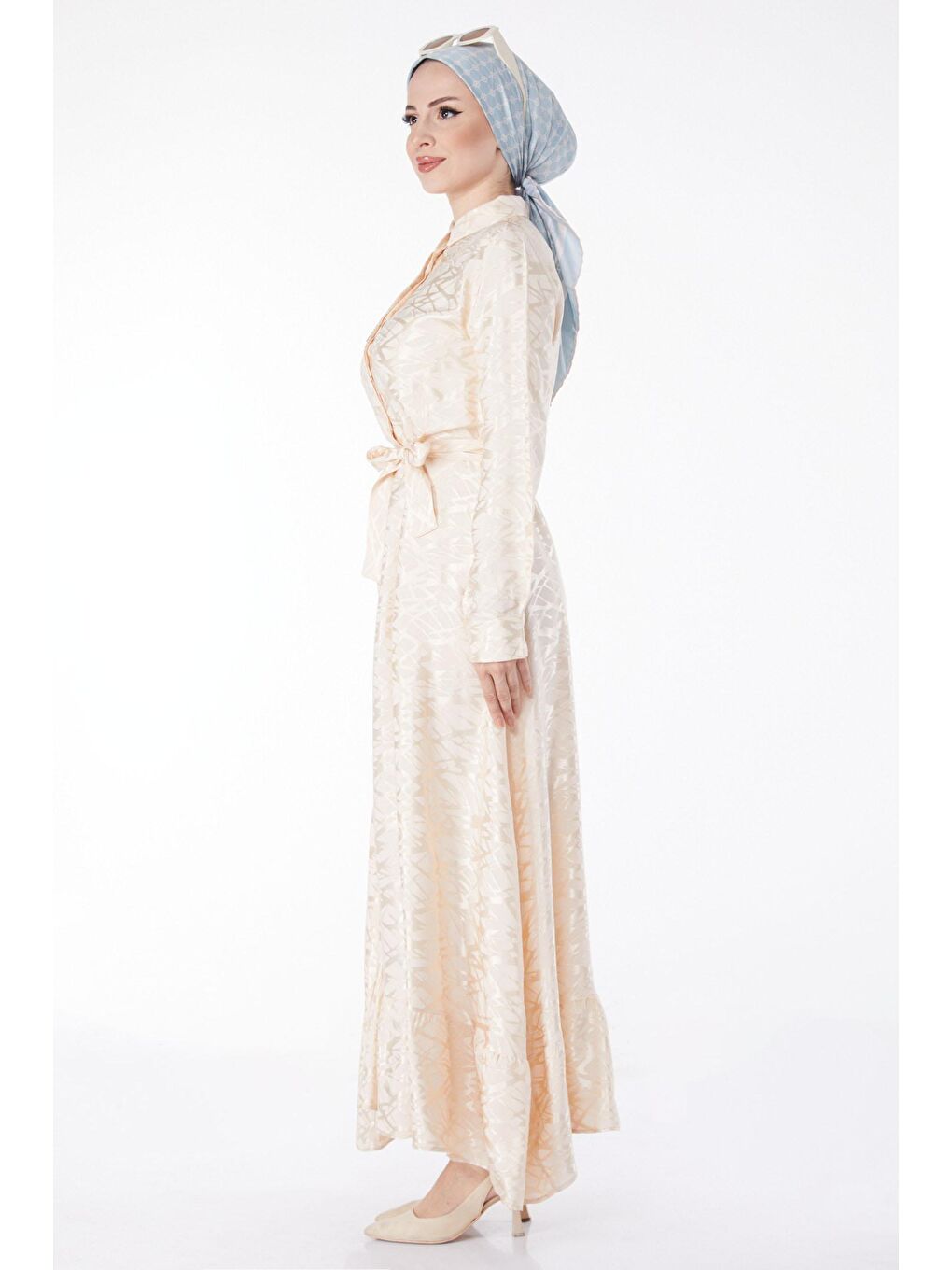 Düz Gömlek Yaka Kadın Bej Taş Detaylı Abiye Elbise - 25191-3