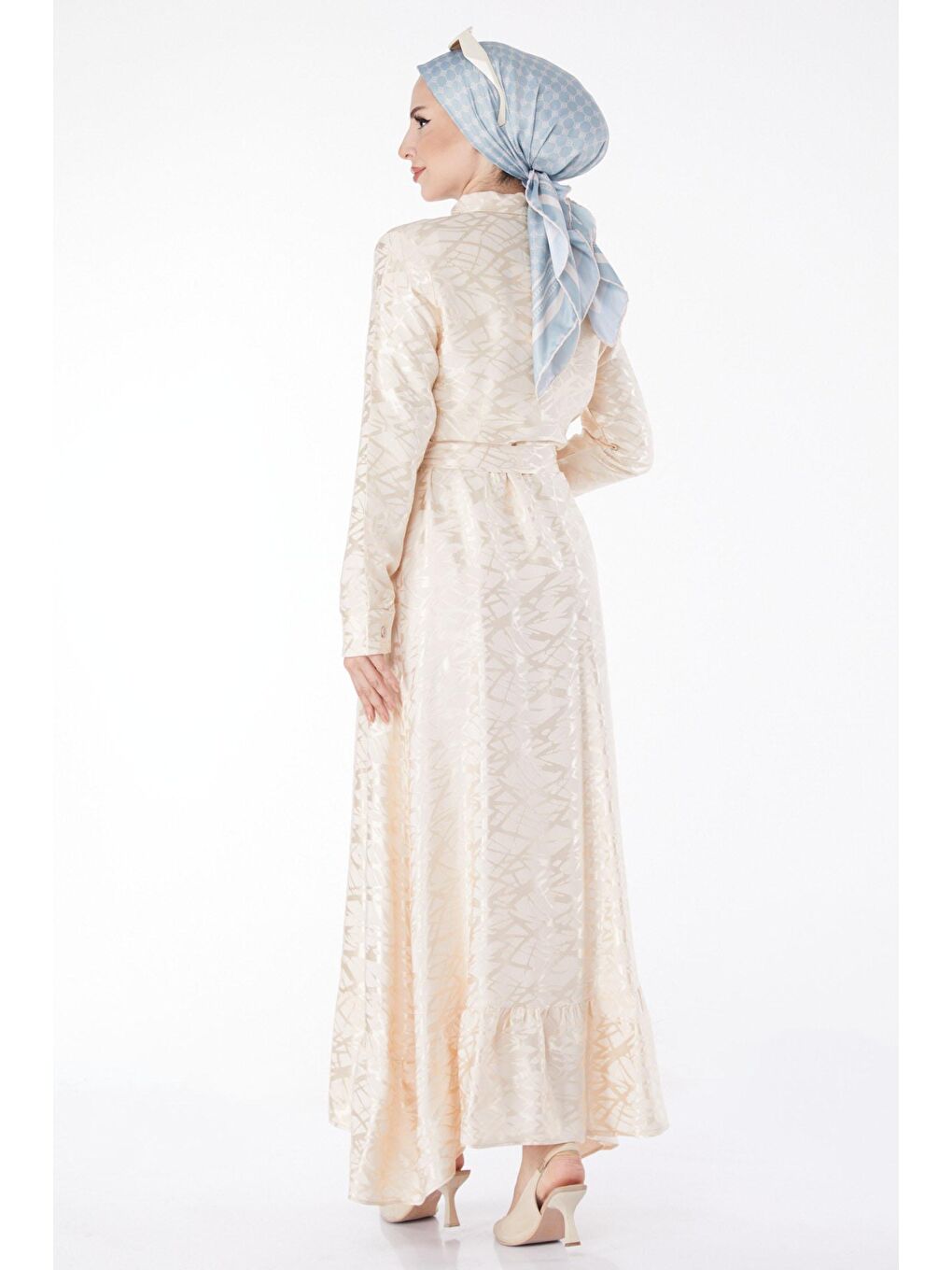 Düz Gömlek Yaka Kadın Bej Taş Detaylı Abiye Elbise - 25191-4