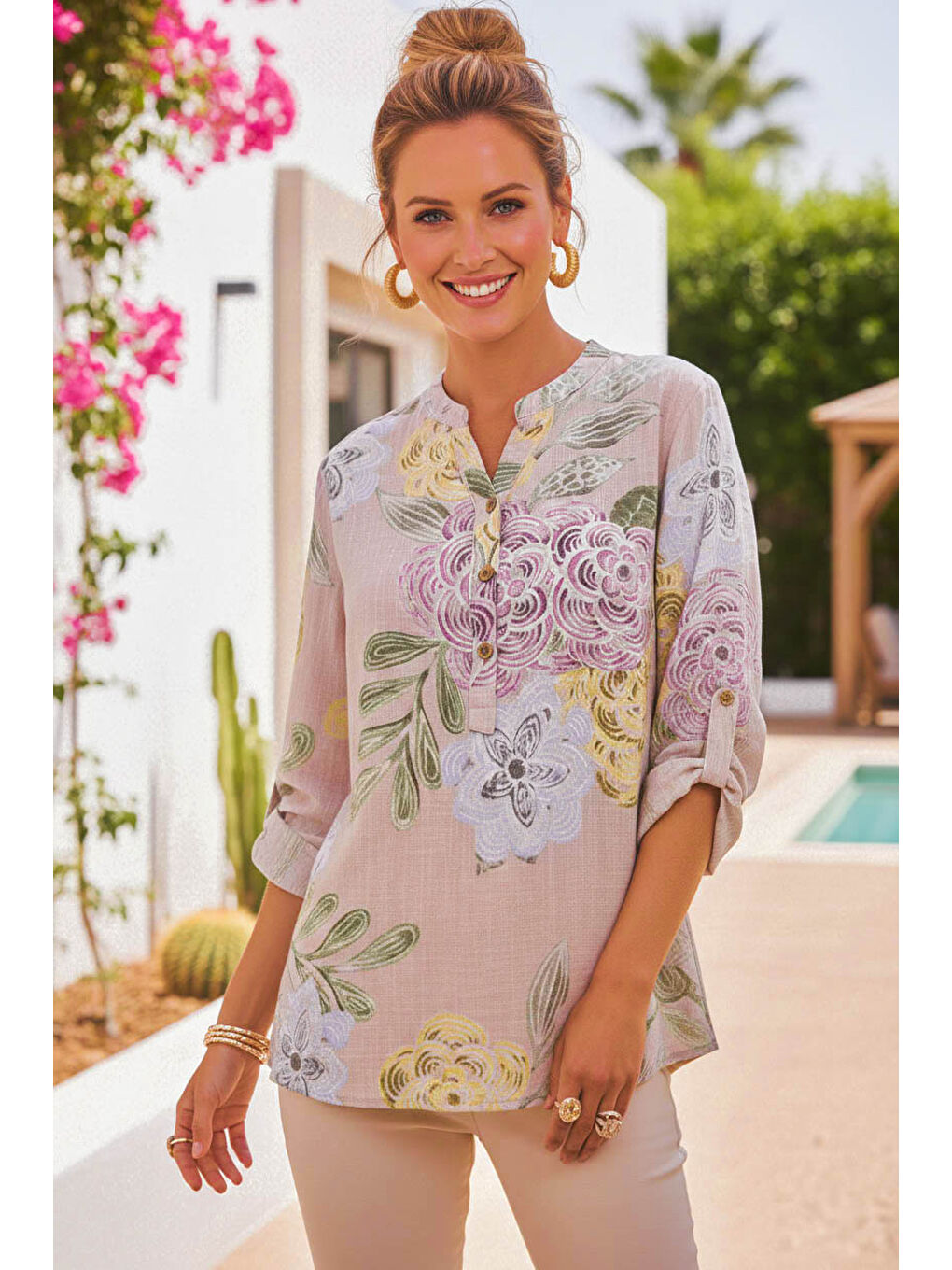 İtalyan Ekru Hakim Yaka Düğmeli 3/4 Kol Çiçekli Cepli Casual Keten Görünümlü Dokuma Bluz 75 65-2