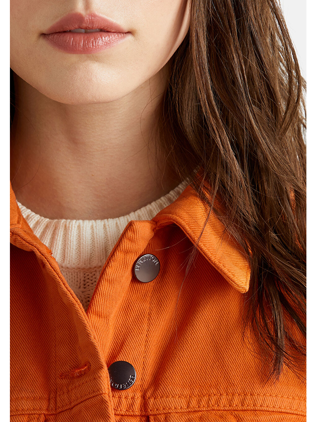 Kadın Turuncu %100 Pamuk Yanları Cepli Straight Fit Denim Ceket-5