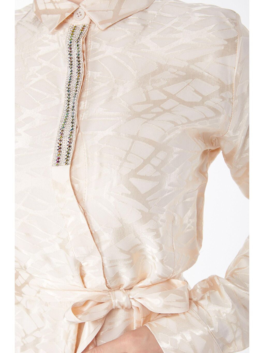 Düz Gömlek Yaka Kadın Bej Taş Detaylı Abiye Elbise - 25191-5