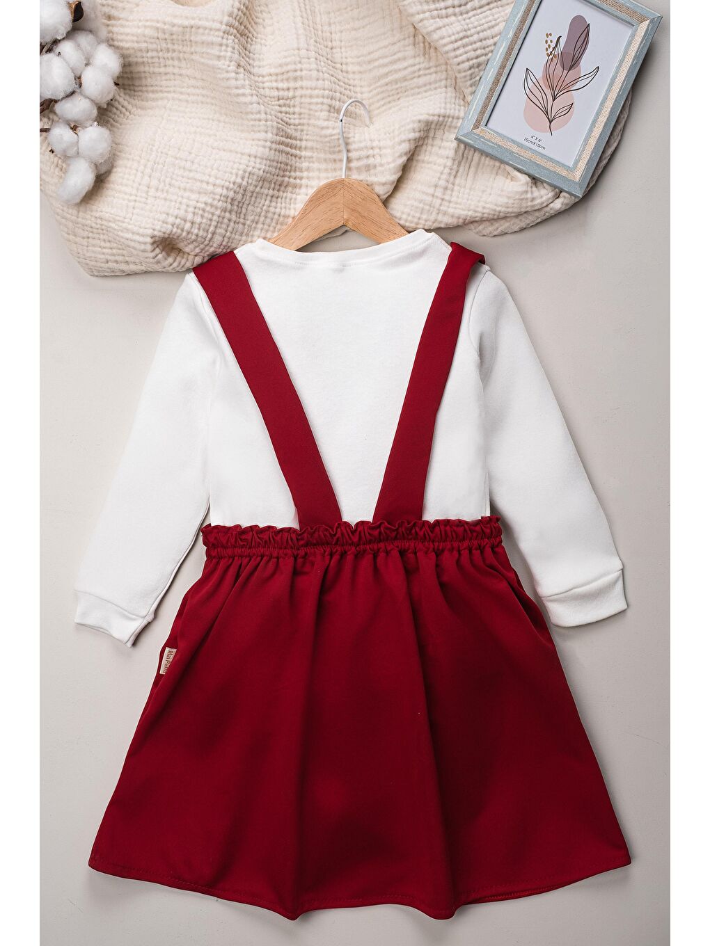 Kırmızı Kız Çocuk Takımı 2 Parça Salopet Elbise Pamuklu Kumaş Uzun Kollu Fiyonklu Etekli Takım 1-5 Yaş-4