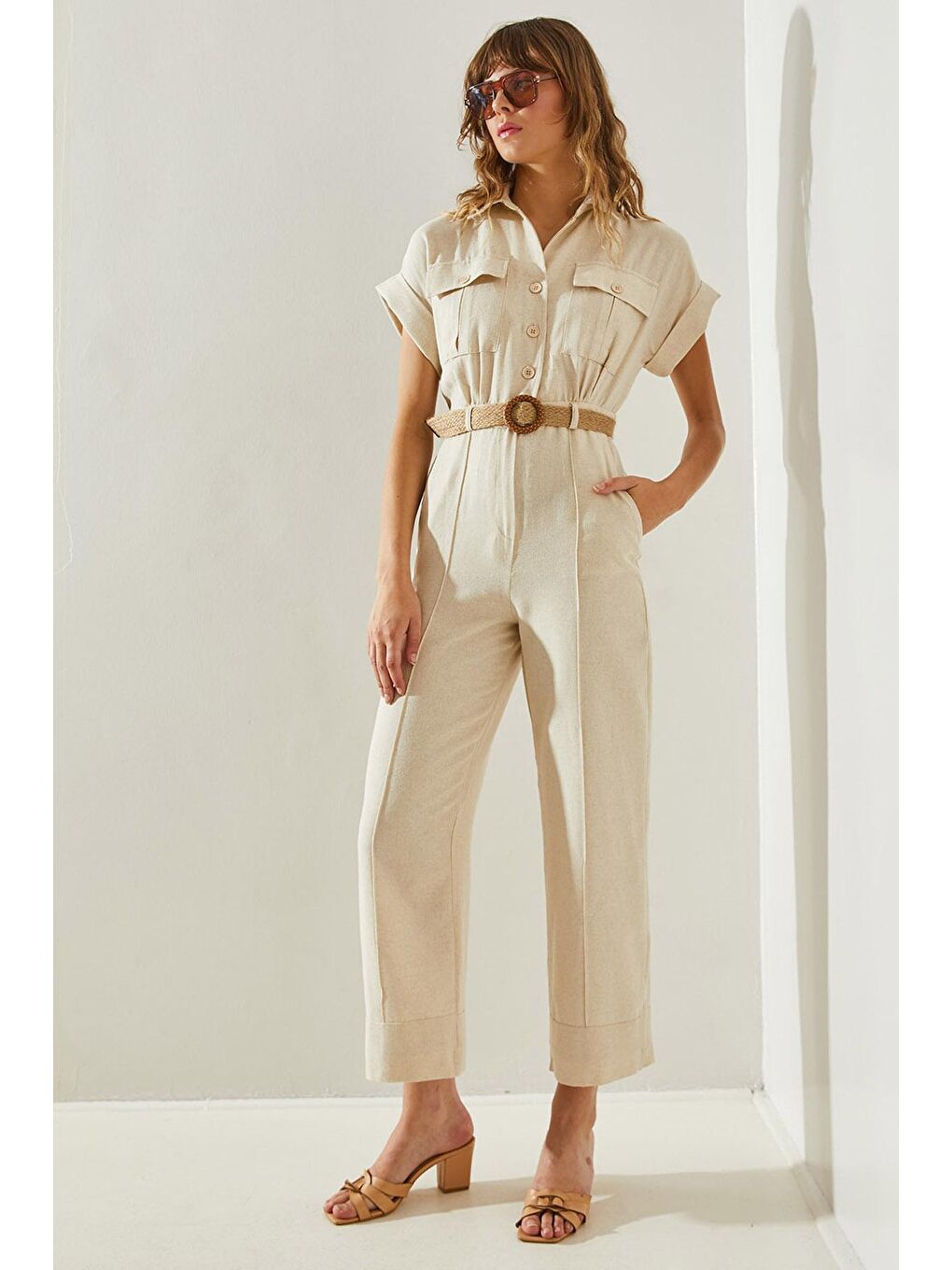 Ekru Kadın Hasır Kemerli Keten  Tulum