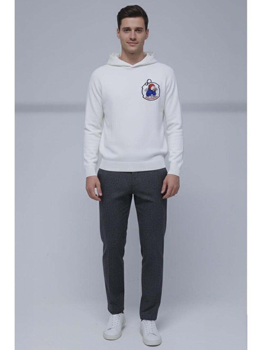 Giotelli Erkek Beyaz Normal Kesim Regular Fit Pamuklu Örme Kapüşonlu Sweatshirt