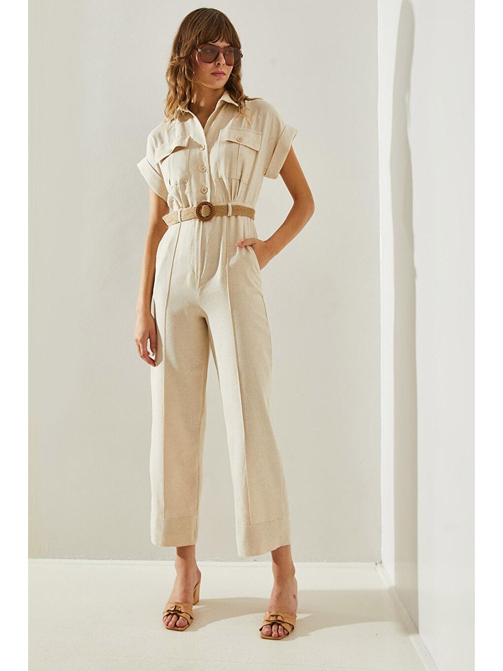 Ekru Kadın Hasır Kemerli Keten  Tulum-1