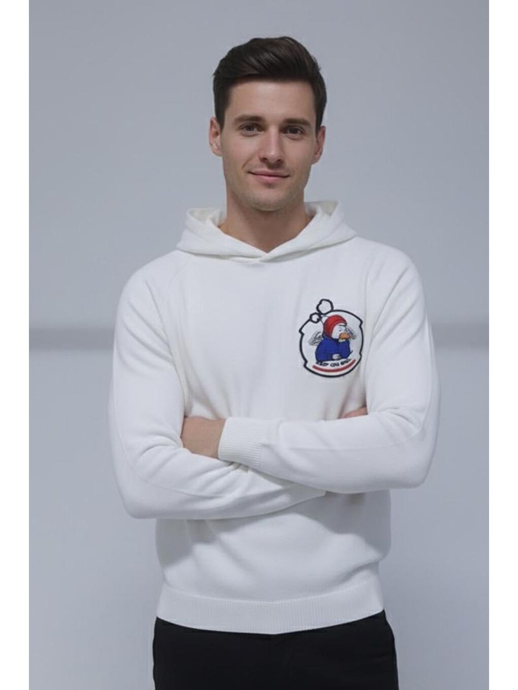 Giotelli Erkek Beyaz Normal Kesim Regular Fit Pamuklu Örme Kapüşonlu Sweatshirt-1