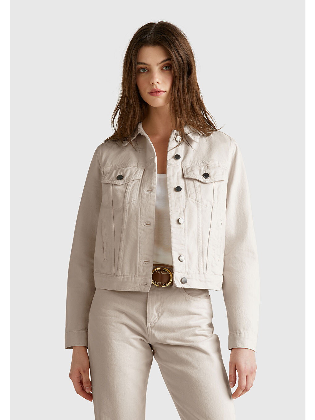 Ekru Kadın Krem %100 Pamuk Yanları Cepli Straight Fit Denim Ceket