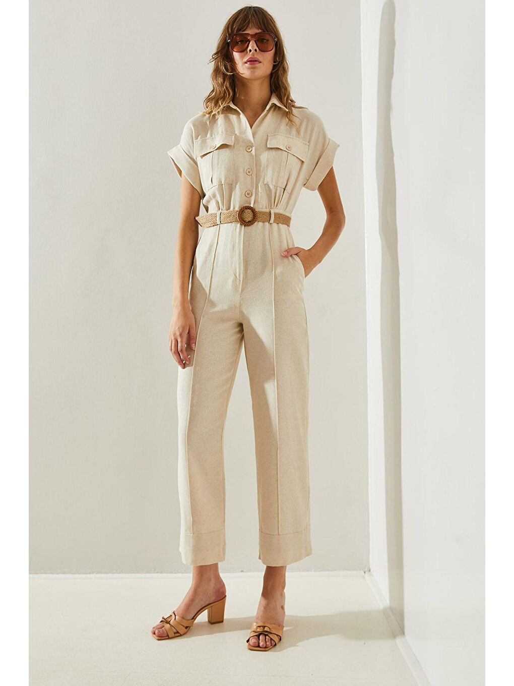 Ekru Kadın Hasır Kemerli Keten  Tulum-2