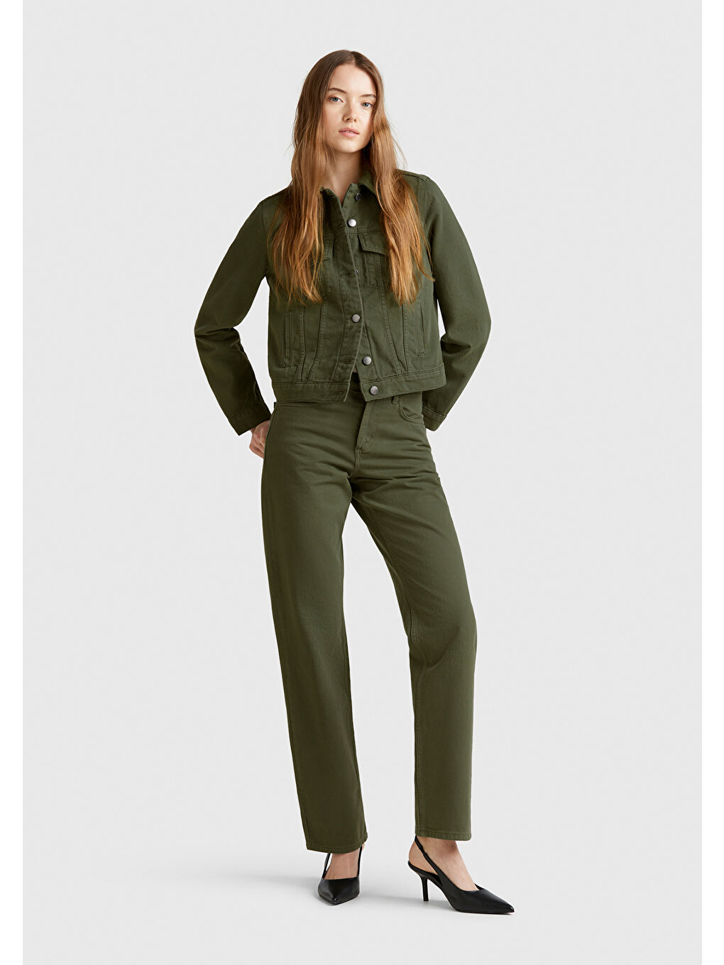 Kadın Soluk Yeşil %100 Pamuk Yanları Cepli Straight Fit Denim Ceket-4