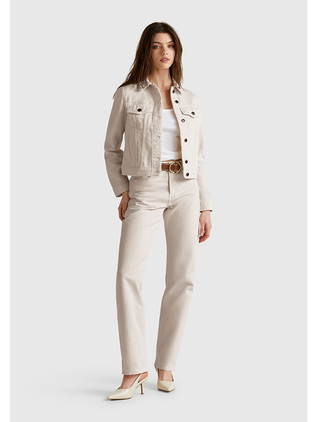 Ekru Kadın Krem %100 Pamuk Yanları Cepli Straight Fit Denim Ceket-4