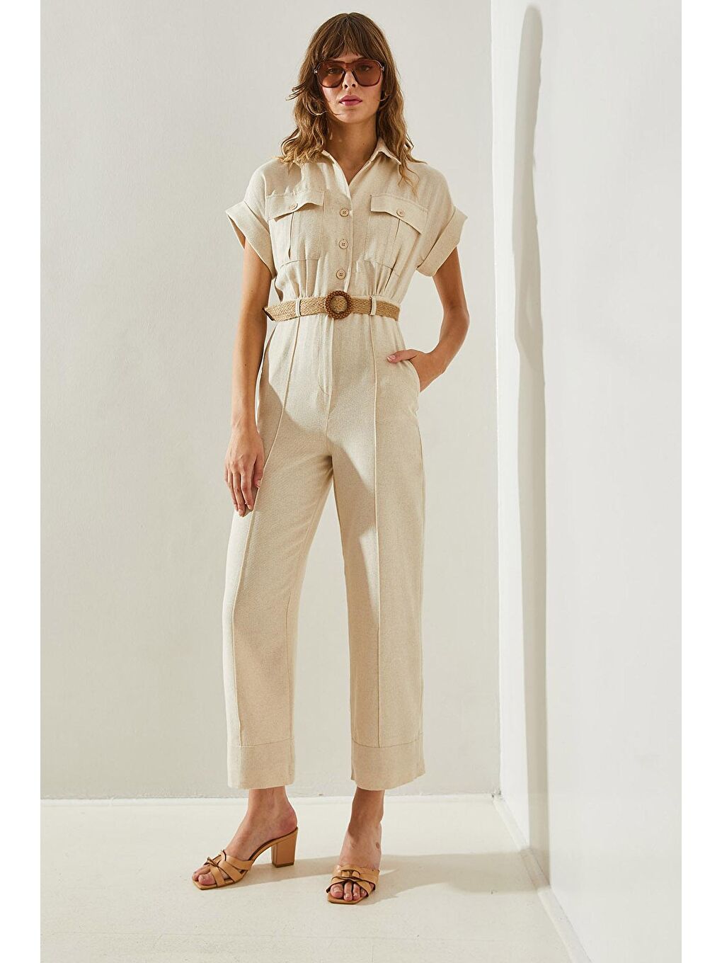 Ekru Kadın Hasır Kemerli Keten  Tulum-3