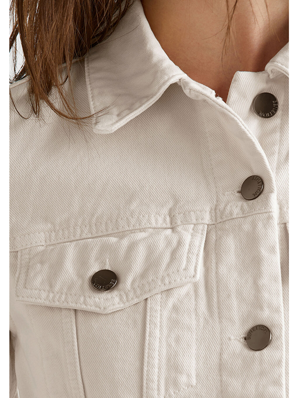 Ekru Kadın Krem %100 Pamuk Yanları Cepli Straight Fit Denim Ceket-5