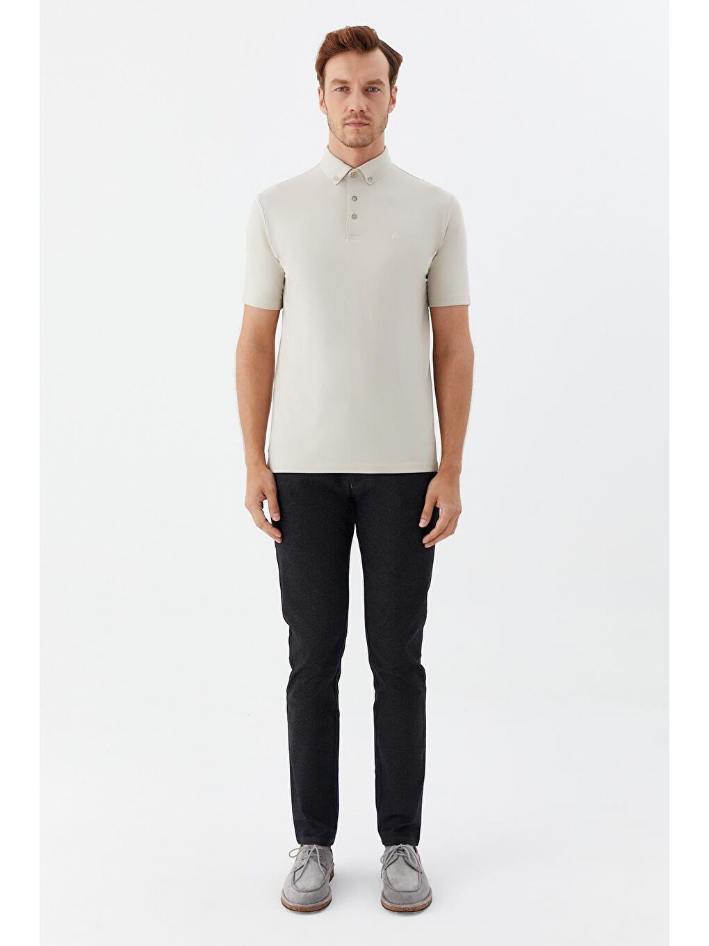 Erkek Bej Standart Fit Gömlek Yaka Tişört – Kısa Kollu-1