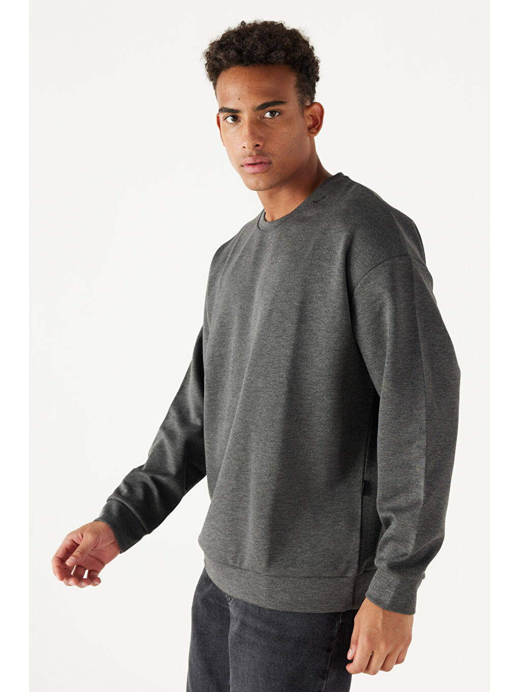 Erkek Antrasit-Melanj Oversize Bol Kesim Bisiklet Yaka Düz Sweatshirt