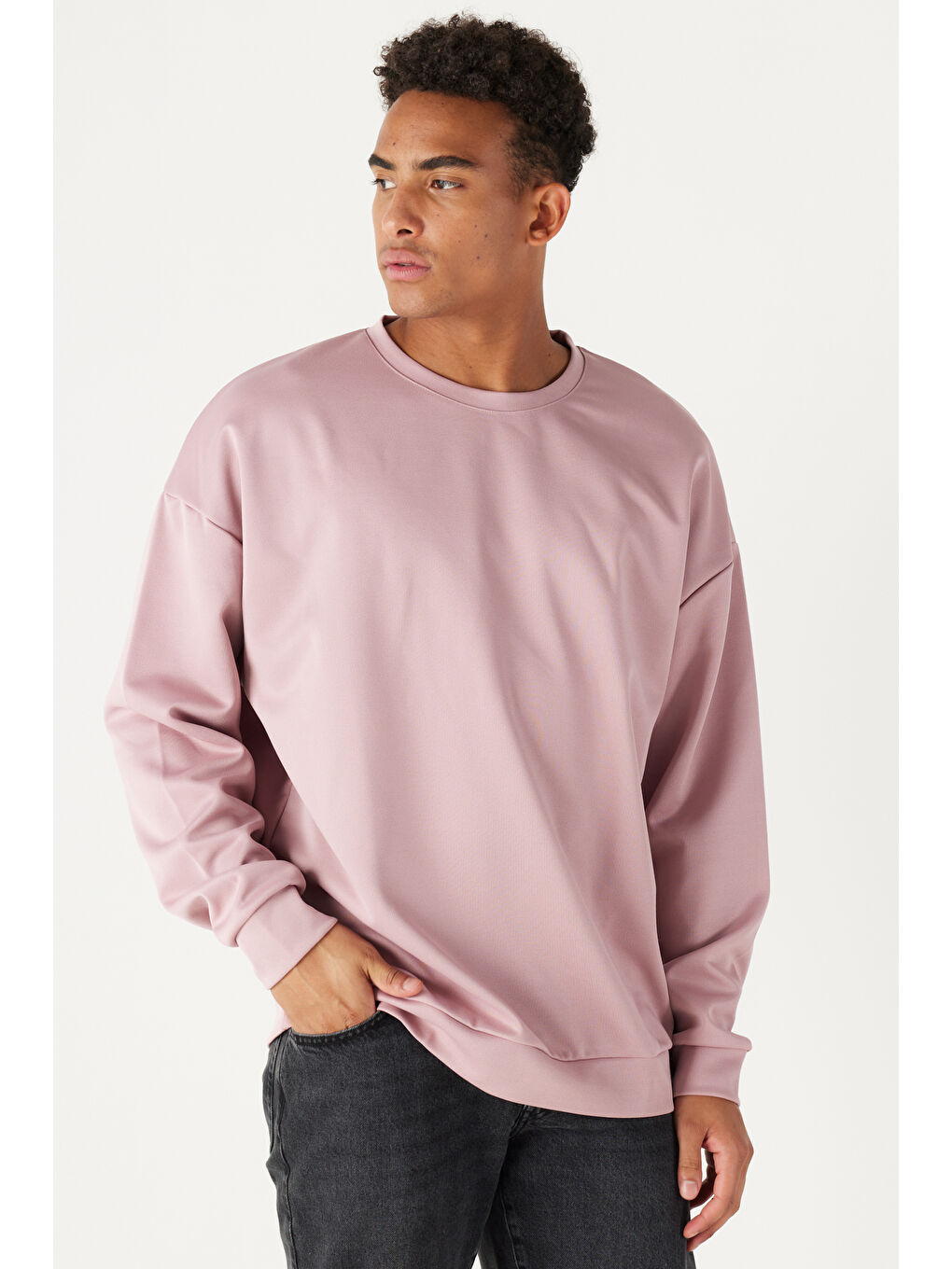 Pembe Erkek Gül Kurusu Oversize Bol Kesim Bisiklet Yaka Düz Sweatshirt
