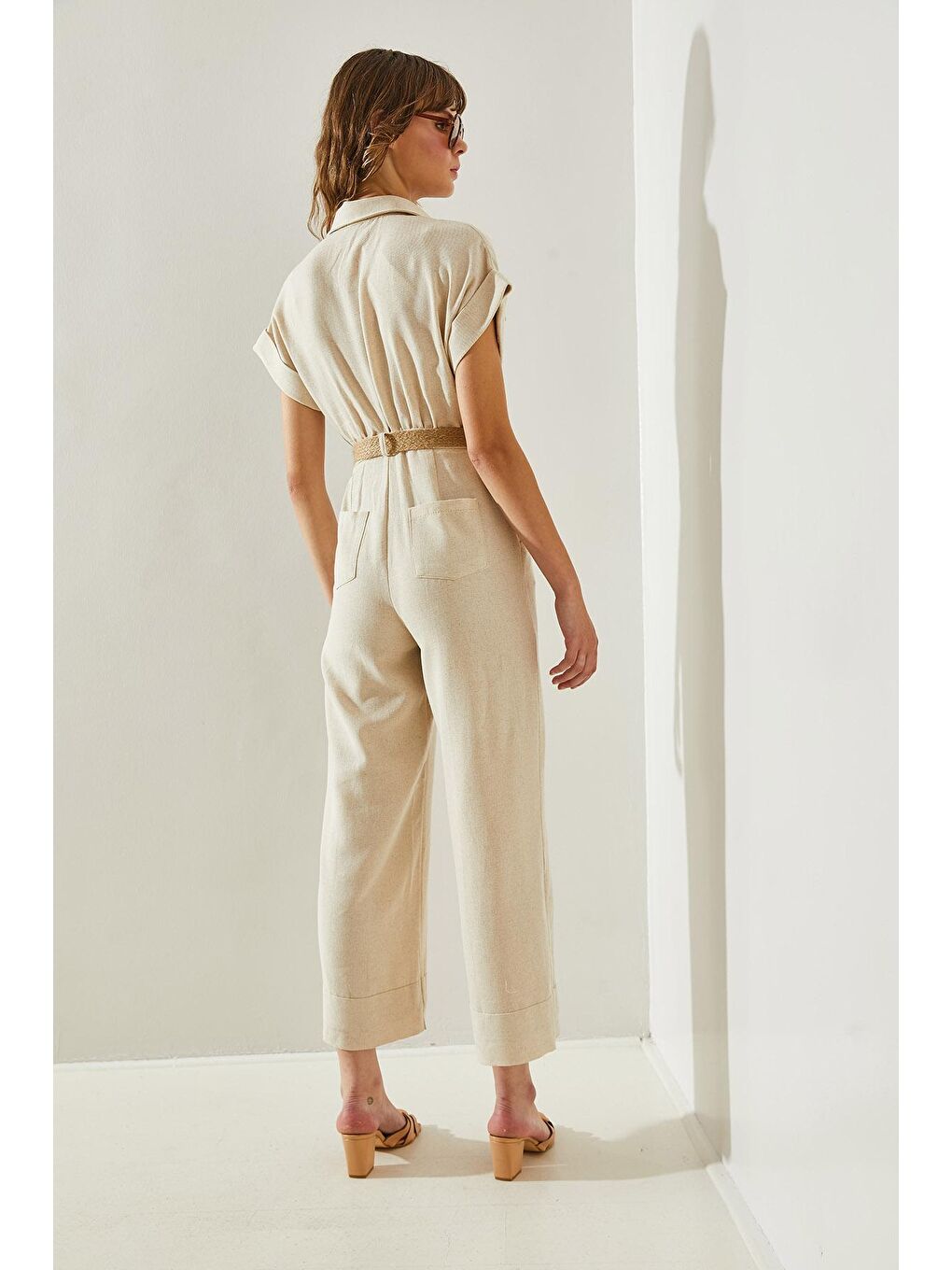 Ekru Kadın Hasır Kemerli Keten  Tulum-4