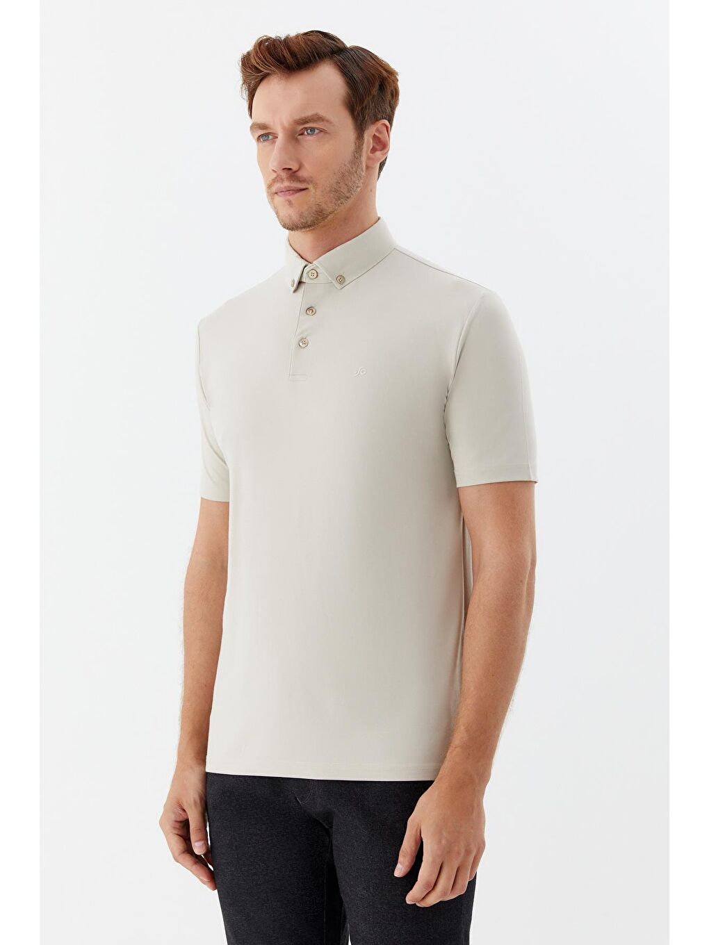 Erkek Bej Standart Fit Gömlek Yaka Tişört – Kısa Kollu-2
