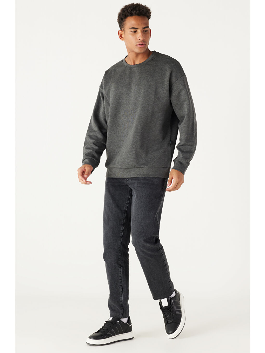 Erkek Antrasit-Melanj Oversize Bol Kesim Bisiklet Yaka Düz Sweatshirt-1