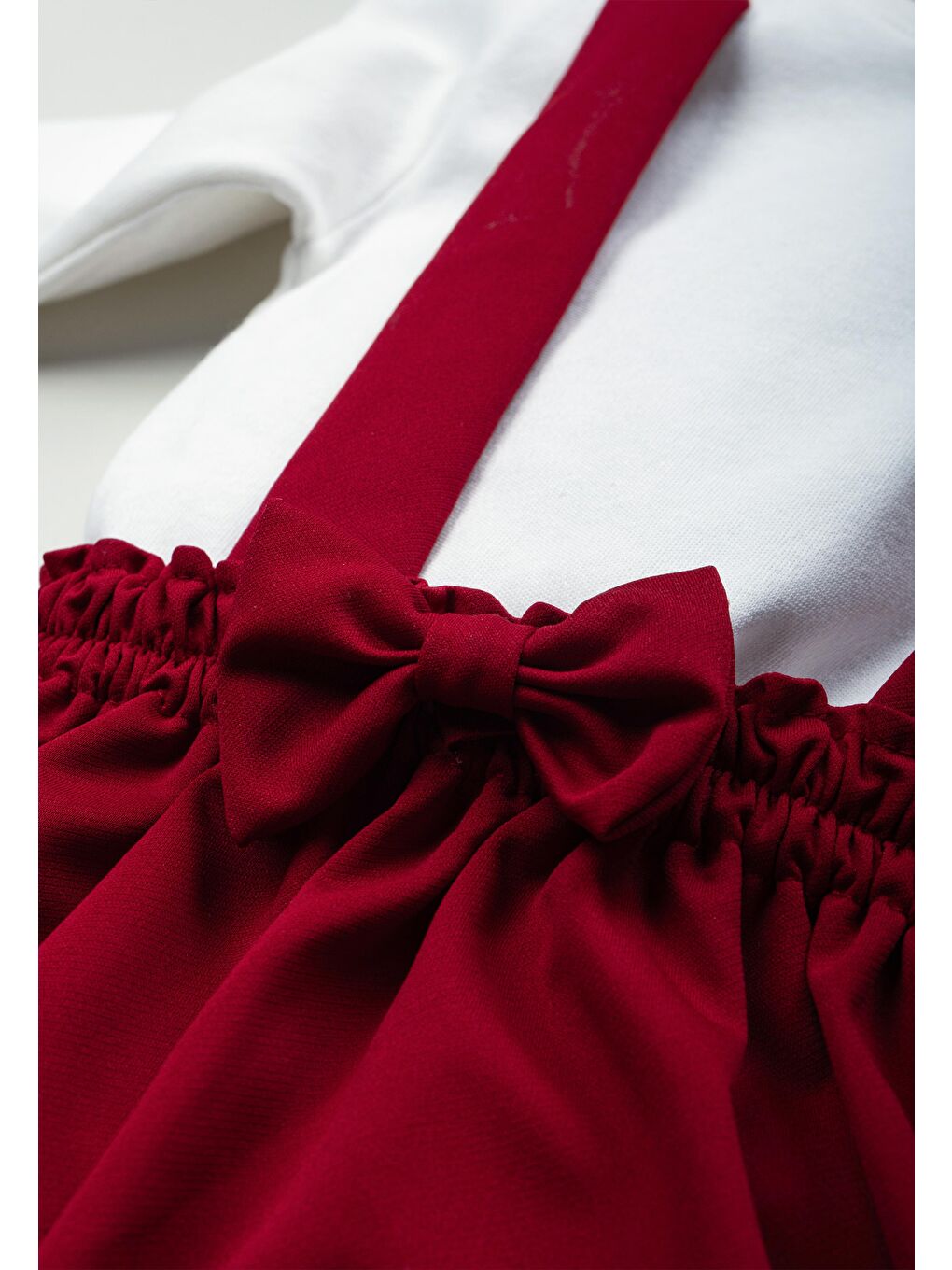 Kırmızı Kız Çocuk Takımı 2 Parça Salopet Elbise Pamuklu Kumaş Uzun Kollu Fiyonklu Etekli Takım 1-5 Yaş-5