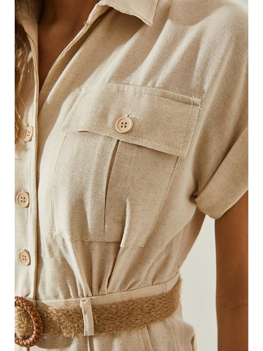 Ekru Kadın Hasır Kemerli Keten  Tulum-5