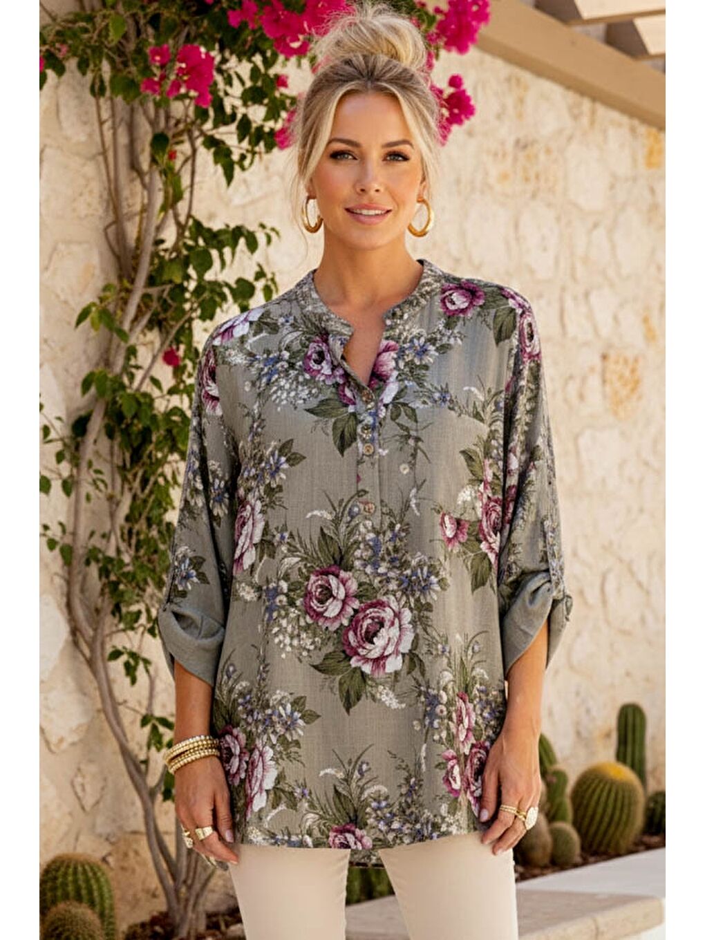 Bej İtalyan Vizon Hakim Yaka Düğmeli 3/4 Kol Çiçekli Cepli Casual Keten Görünümlü Dokuma Bluz 75 65-1