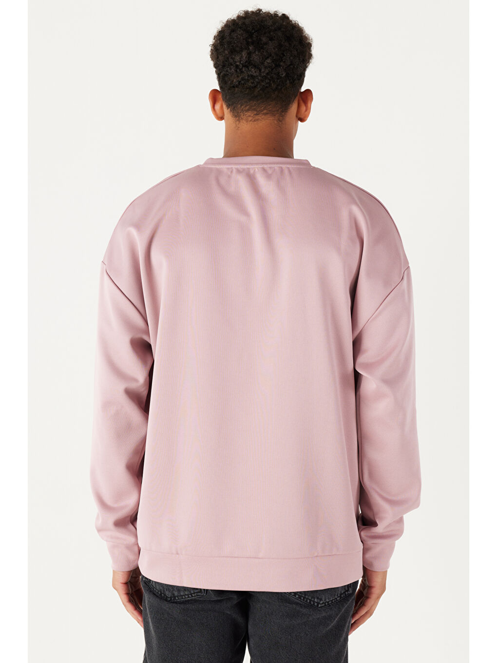 Pembe Erkek Gül Kurusu Oversize Bol Kesim Bisiklet Yaka Düz Sweatshirt-4