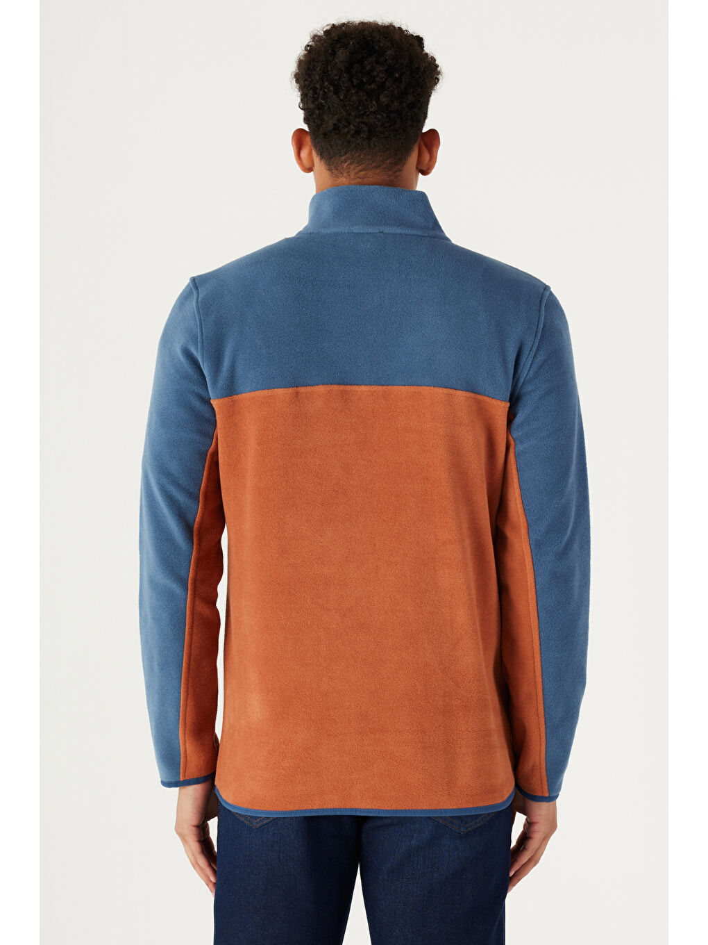 Erkek İndigo-Kiremit Standart Fit Dik Yaka İçi Polarlı Çift Renk Polar Sweatshirt-1