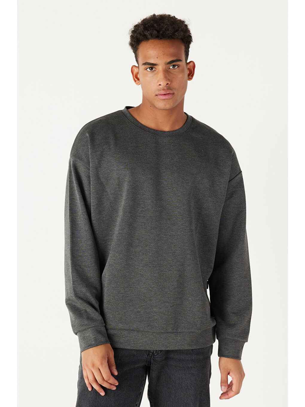 Erkek Antrasit-Melanj Oversize Bol Kesim Bisiklet Yaka Düz Sweatshirt-2