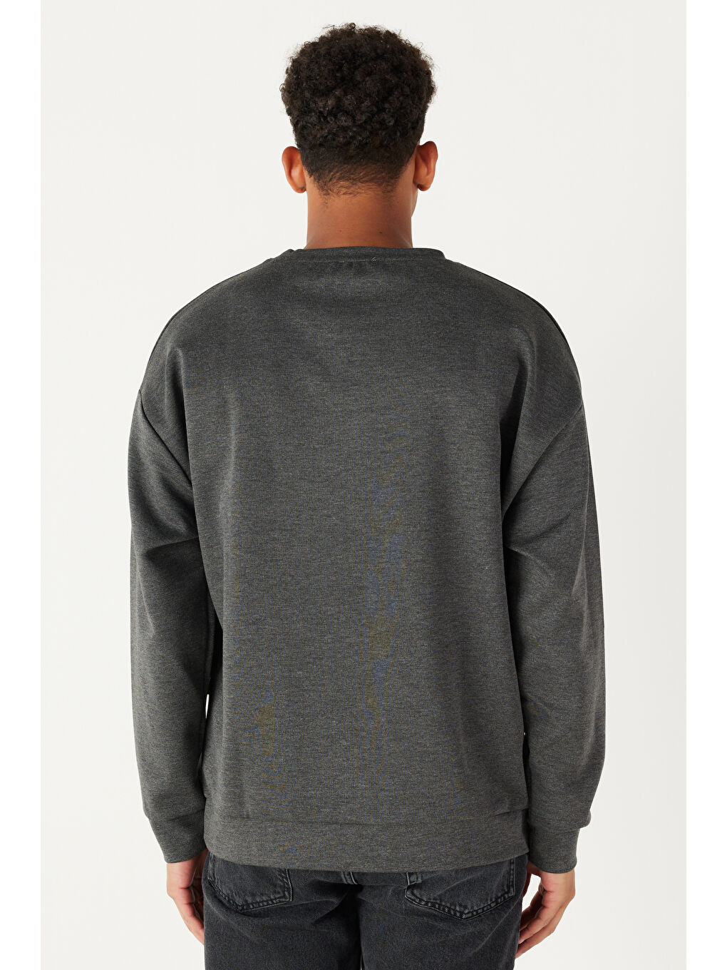 Erkek Antrasit-Melanj Oversize Bol Kesim Bisiklet Yaka Düz Sweatshirt-4