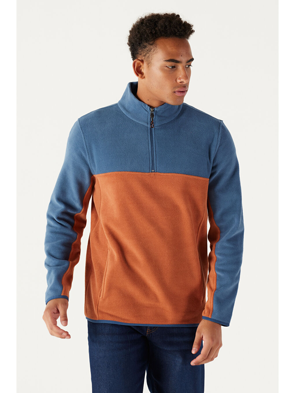 Erkek İndigo-Kiremit Standart Fit Dik Yaka İçi Polarlı Çift Renk Polar Sweatshirt-3