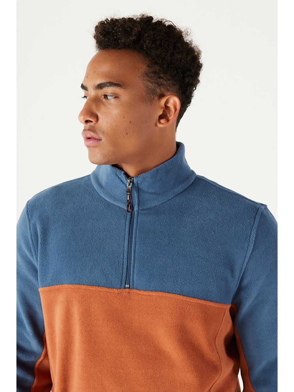 Erkek İndigo-Kiremit Standart Fit Dik Yaka İçi Polarlı Çift Renk Polar Sweatshirt-4