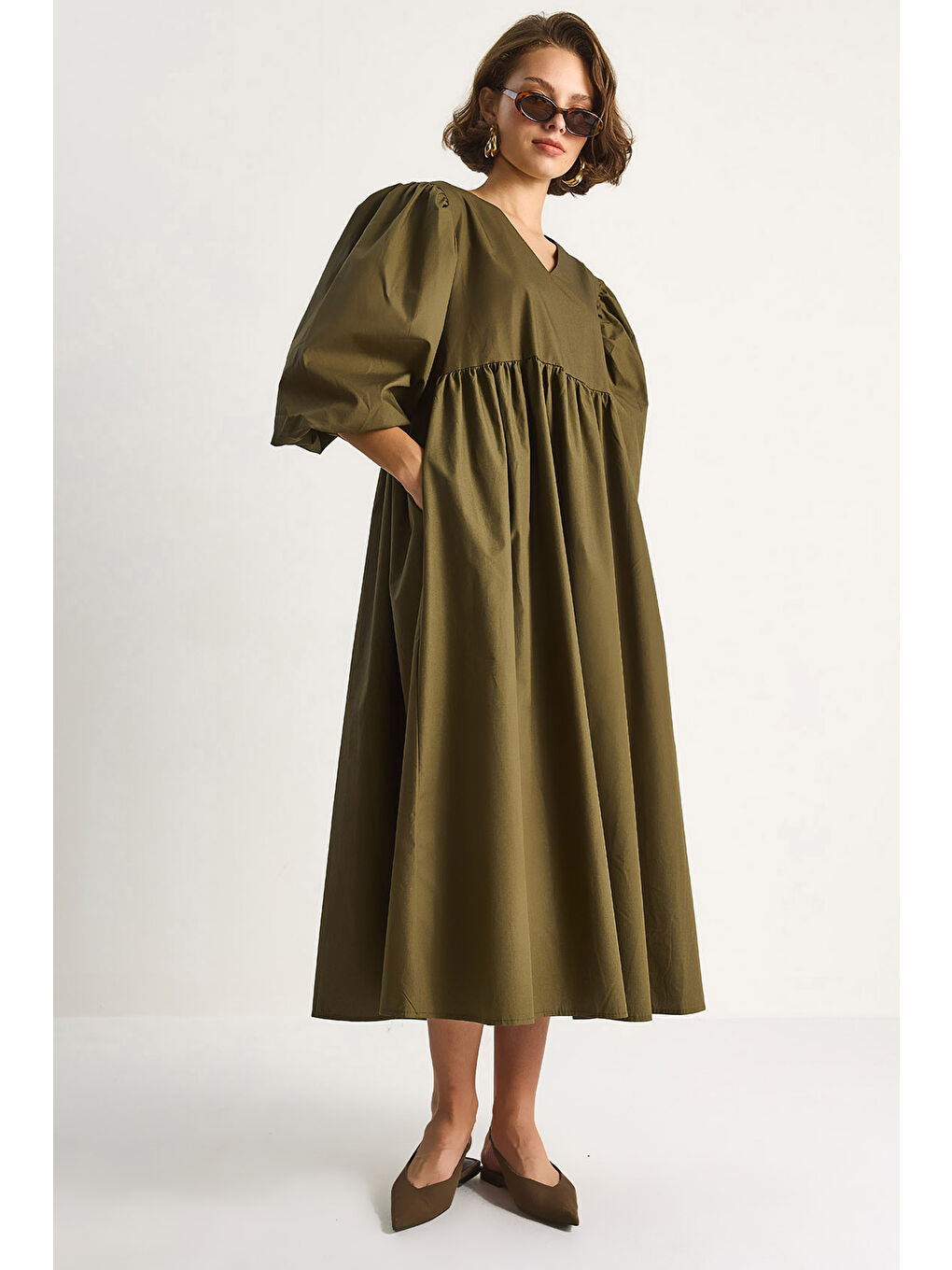 Haki Kadın V Yaka Balon Kol Uzun Elbise-1