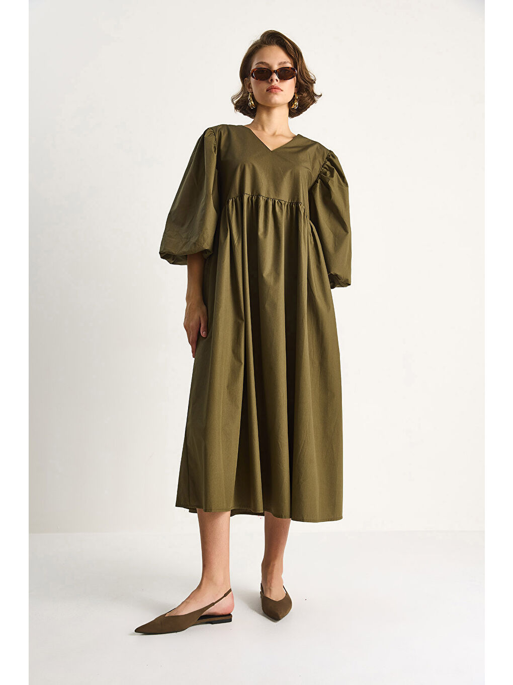 Haki Kadın V Yaka Balon Kol Uzun Elbise-2