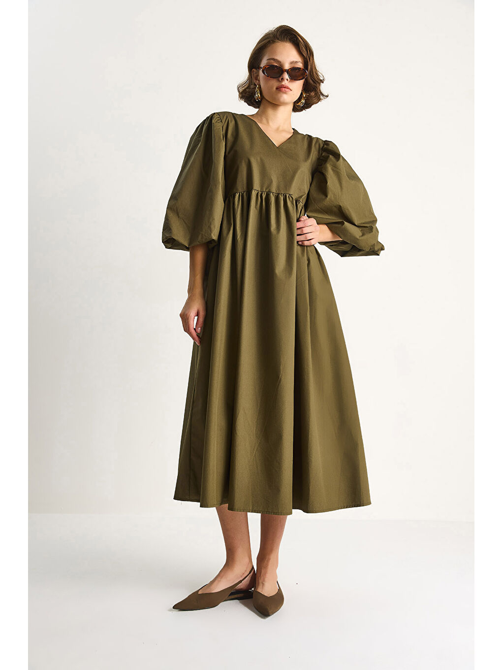 Haki Kadın V Yaka Balon Kol Uzun Elbise-3