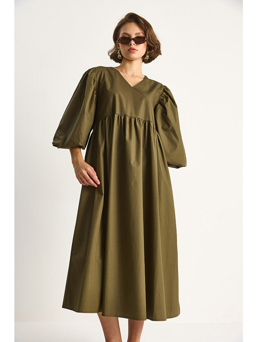 Haki Kadın V Yaka Balon Kol Uzun Elbise-4