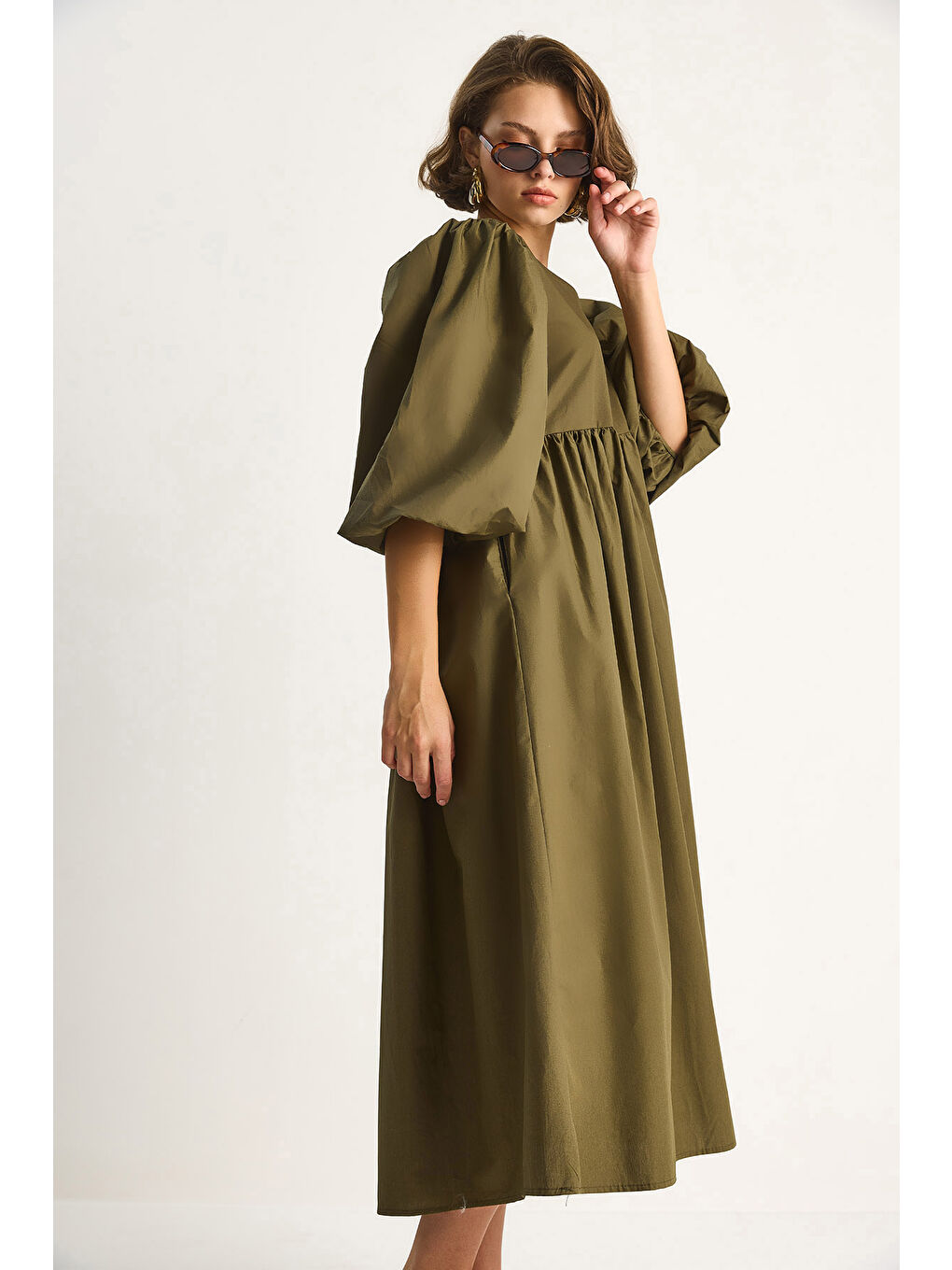 Haki Kadın V Yaka Balon Kol Uzun Elbise-5