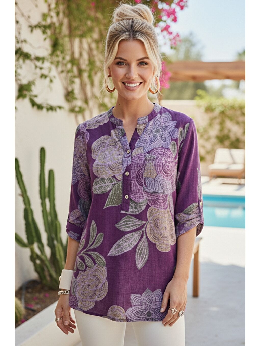 İtalyan Mor Hakim Yaka Düğmeli 3/4 Kol Çiçekli Cepli Casual Keten Görünümlü Dokuma Bluz 75 65-2