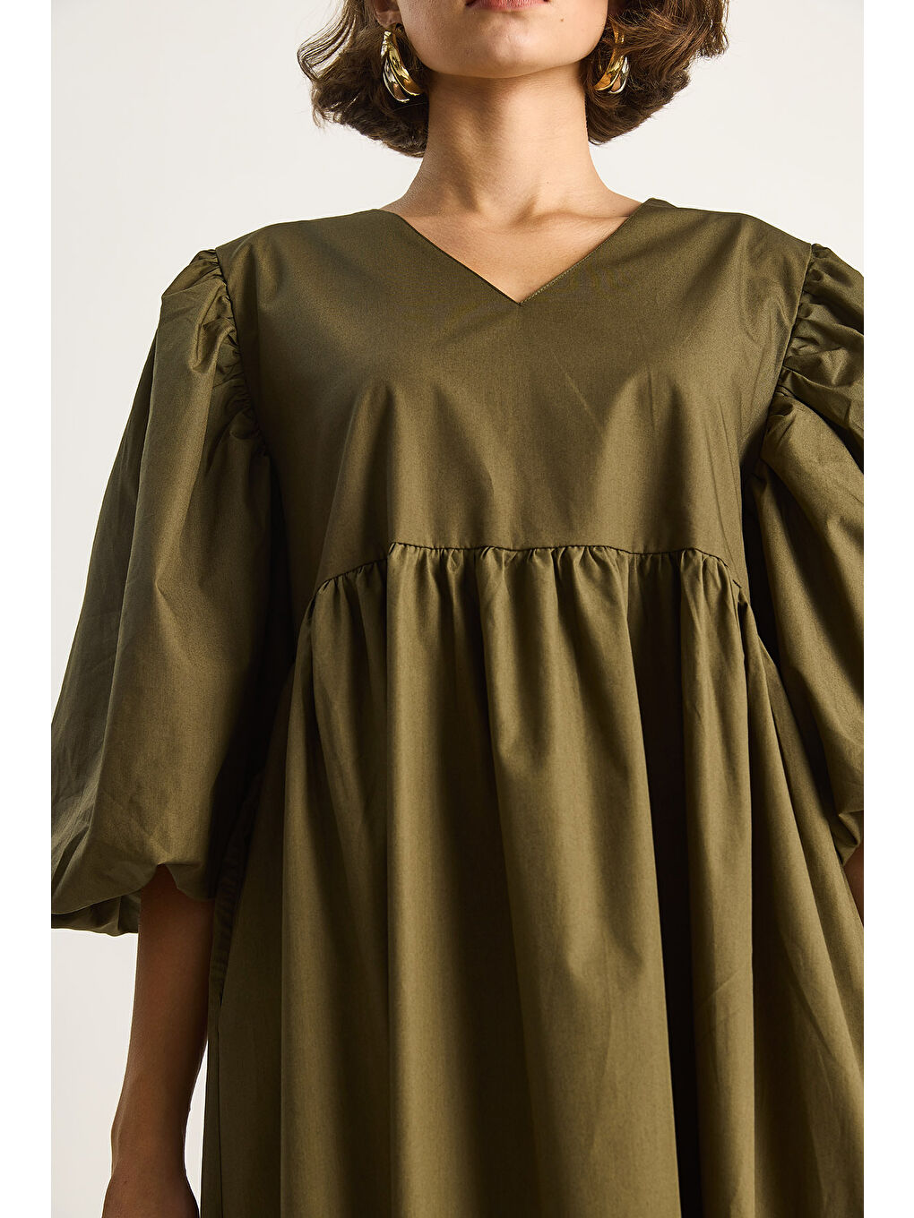 Haki Kadın V Yaka Balon Kol Uzun Elbise-6