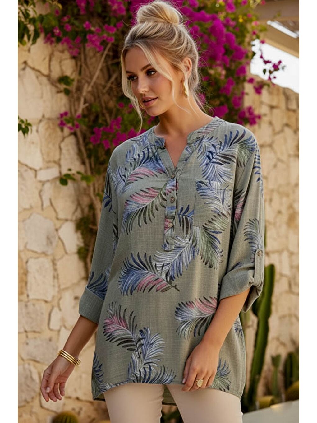 İtalyan Haki Hakim Yaka Düğmeli 3/4 Kol Yaprak Desenli Cepli Keten Görünümlü Dokuma Bluz 75 65-2