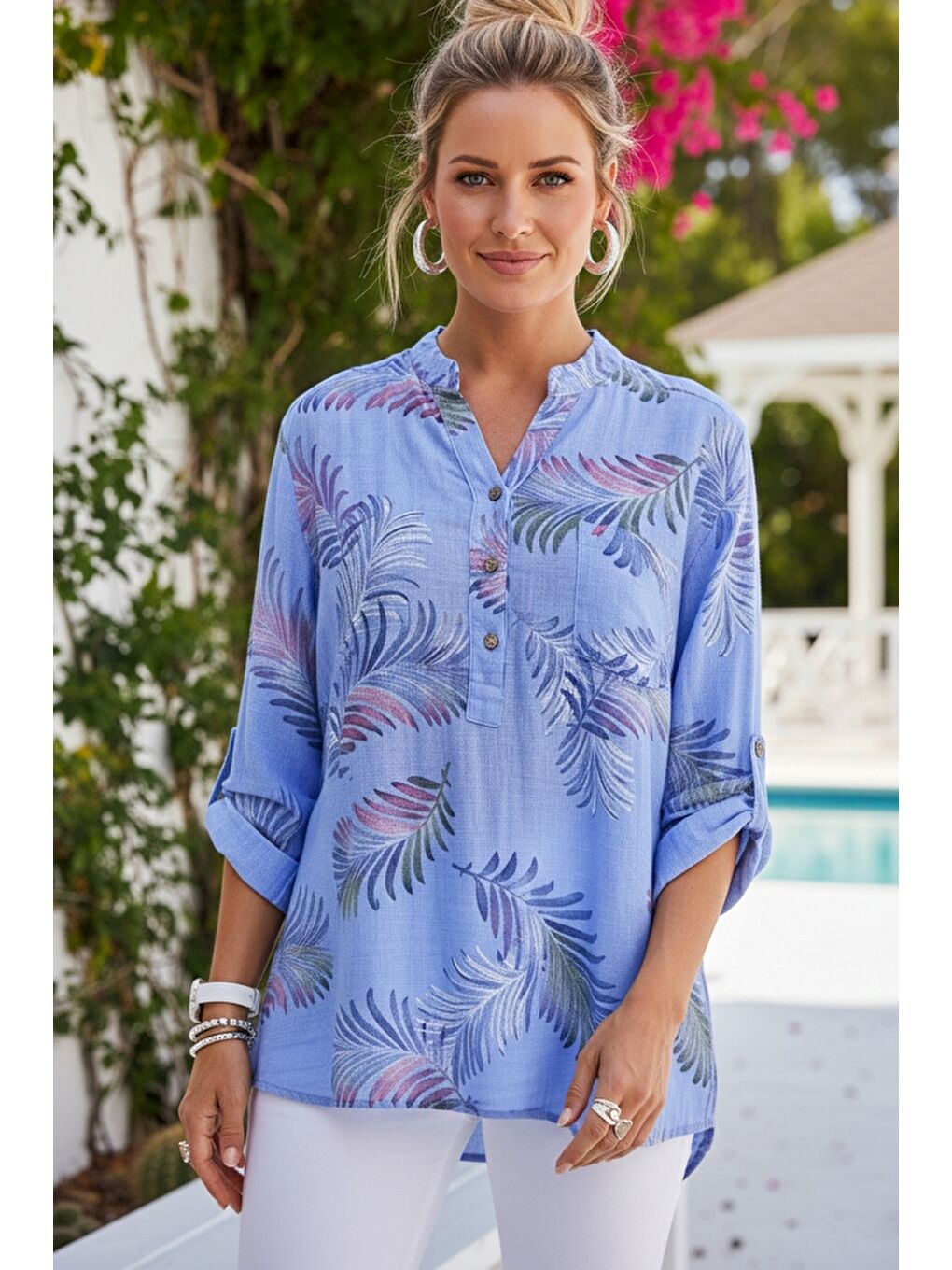 İtalyan Lila Hakim Yaka Düğmeli 3/4 Kol Yaprak Desenli Cepli Keten Görünümlü Dokuma Bluz 75 65