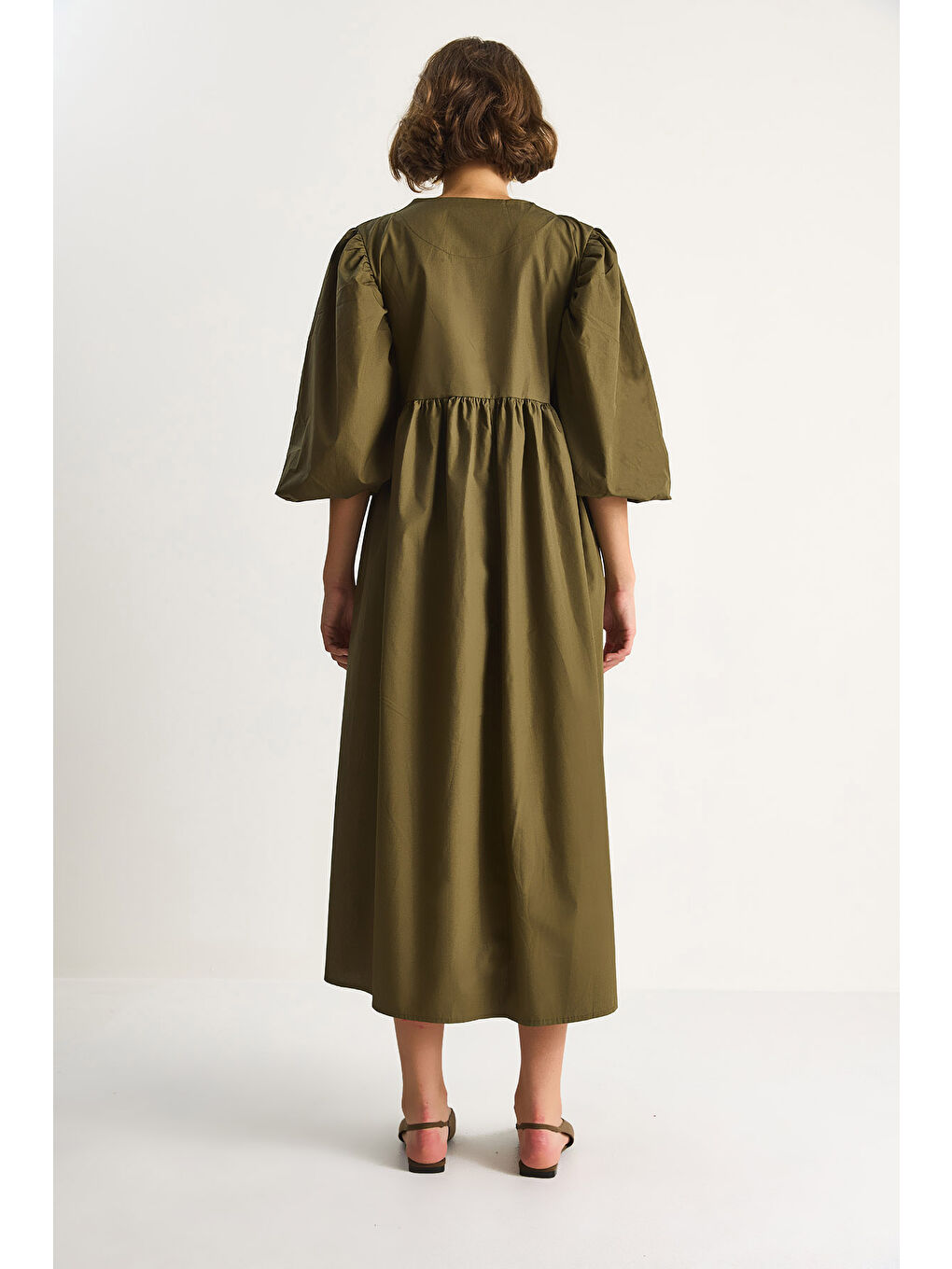 Haki Kadın V Yaka Balon Kol Uzun Elbise-7