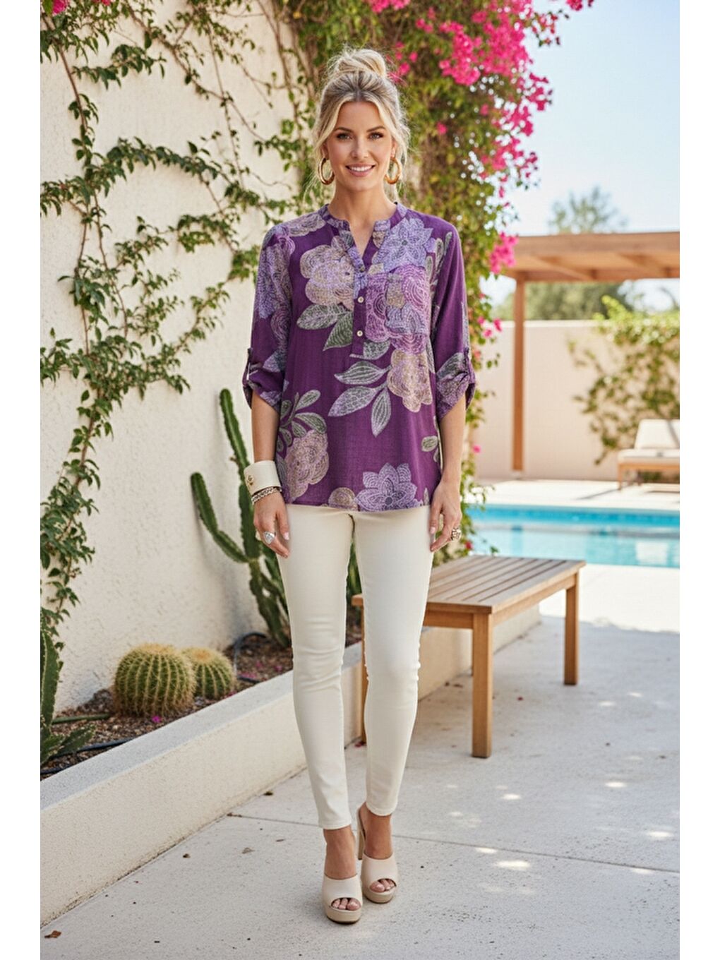 İtalyan Mor Hakim Yaka Düğmeli 3/4 Kol Çiçekli Cepli Casual Keten Görünümlü Dokuma Bluz 75 65-4