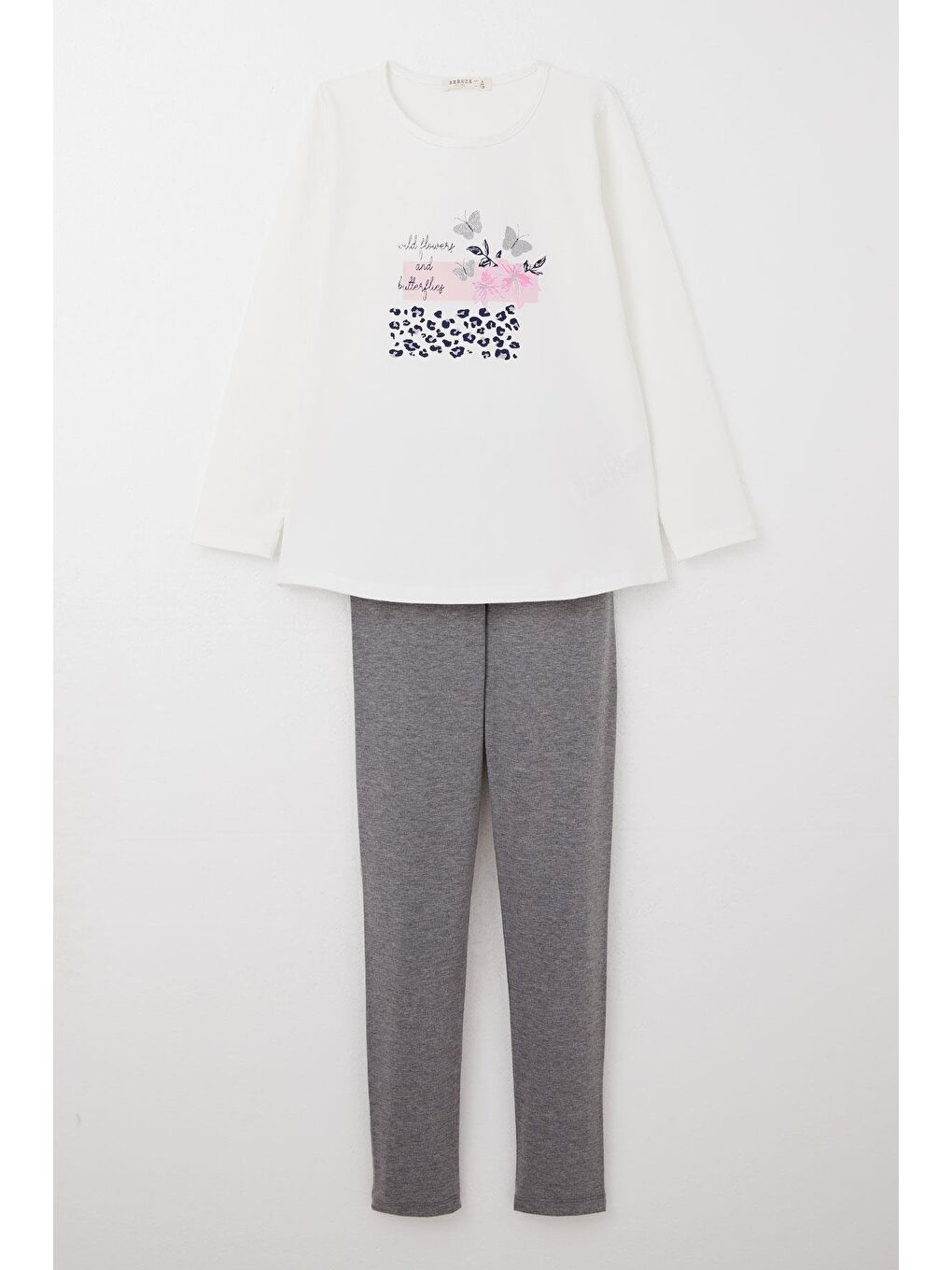 Kız Çocuk Taytlı Takım Çiçek & Simli Kelebek Baskılı Beyaz (4-8 Yaş)