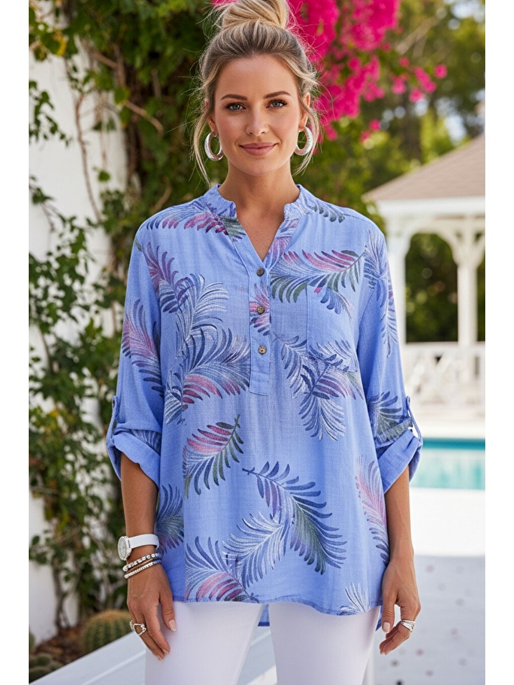 İtalyan Lila Hakim Yaka Düğmeli 3/4 Kol Yaprak Desenli Cepli Keten Görünümlü Dokuma Bluz 75 65-1