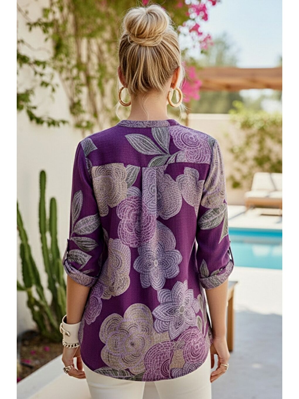 İtalyan Mor Hakim Yaka Düğmeli 3/4 Kol Çiçekli Cepli Casual Keten Görünümlü Dokuma Bluz 75 65-5