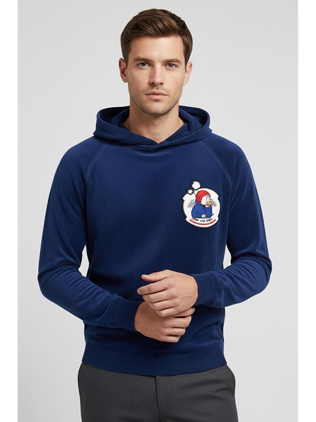 Mavi Giotelli Erkek Saks Normal Kesim Regular Fit Pamuklu Örme Kapüşonlu Sweatshirt