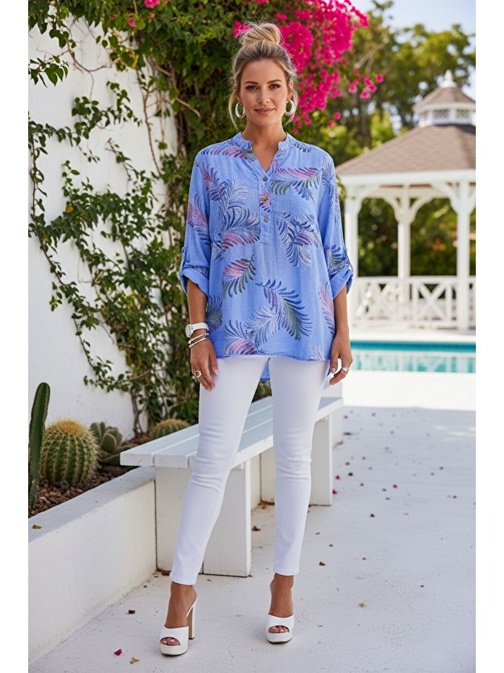 İtalyan Lila Hakim Yaka Düğmeli 3/4 Kol Yaprak Desenli Cepli Keten Görünümlü Dokuma Bluz 75 65-2