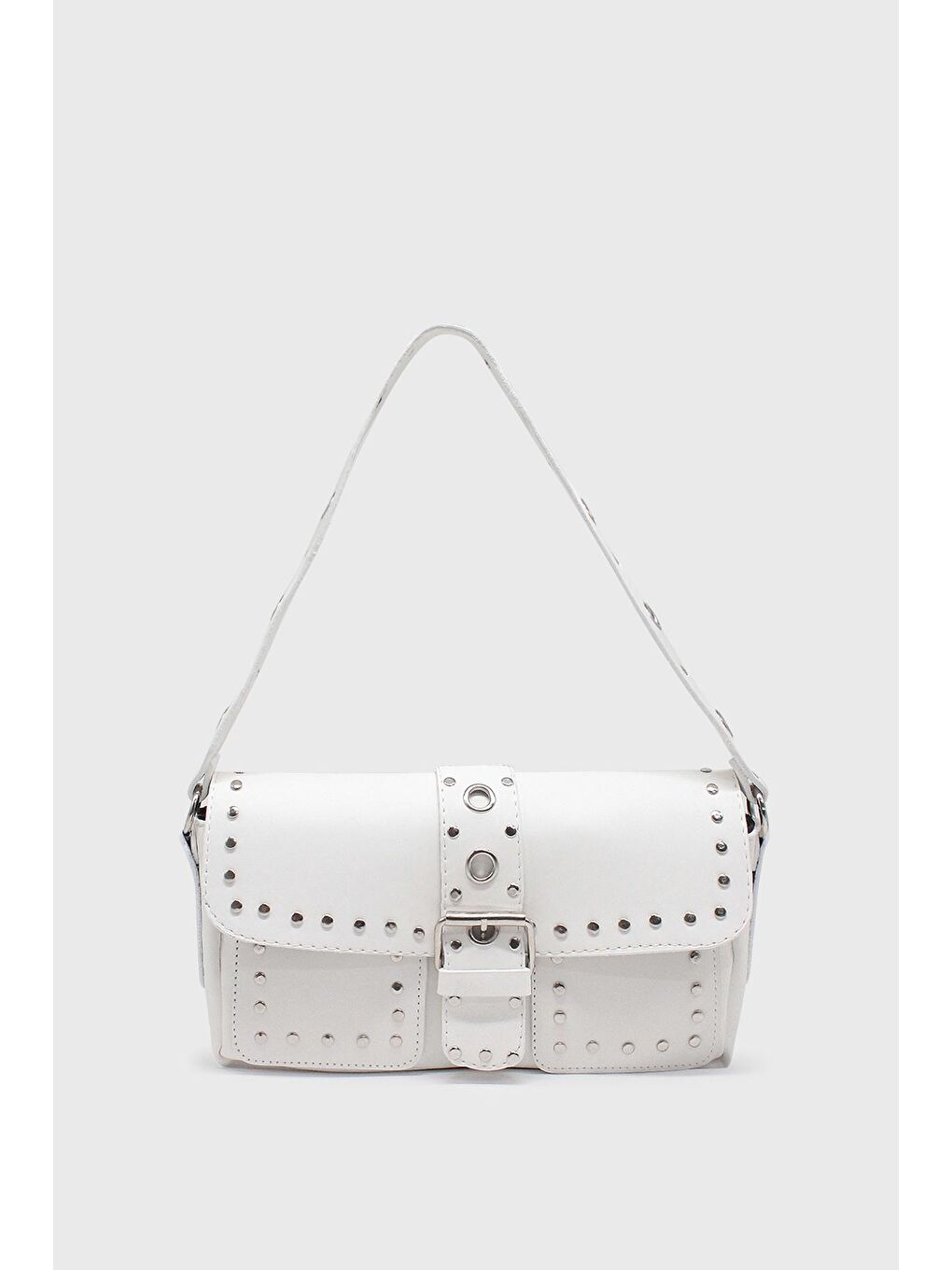 Beyaz Kadın Zımbalı Kol Çantası