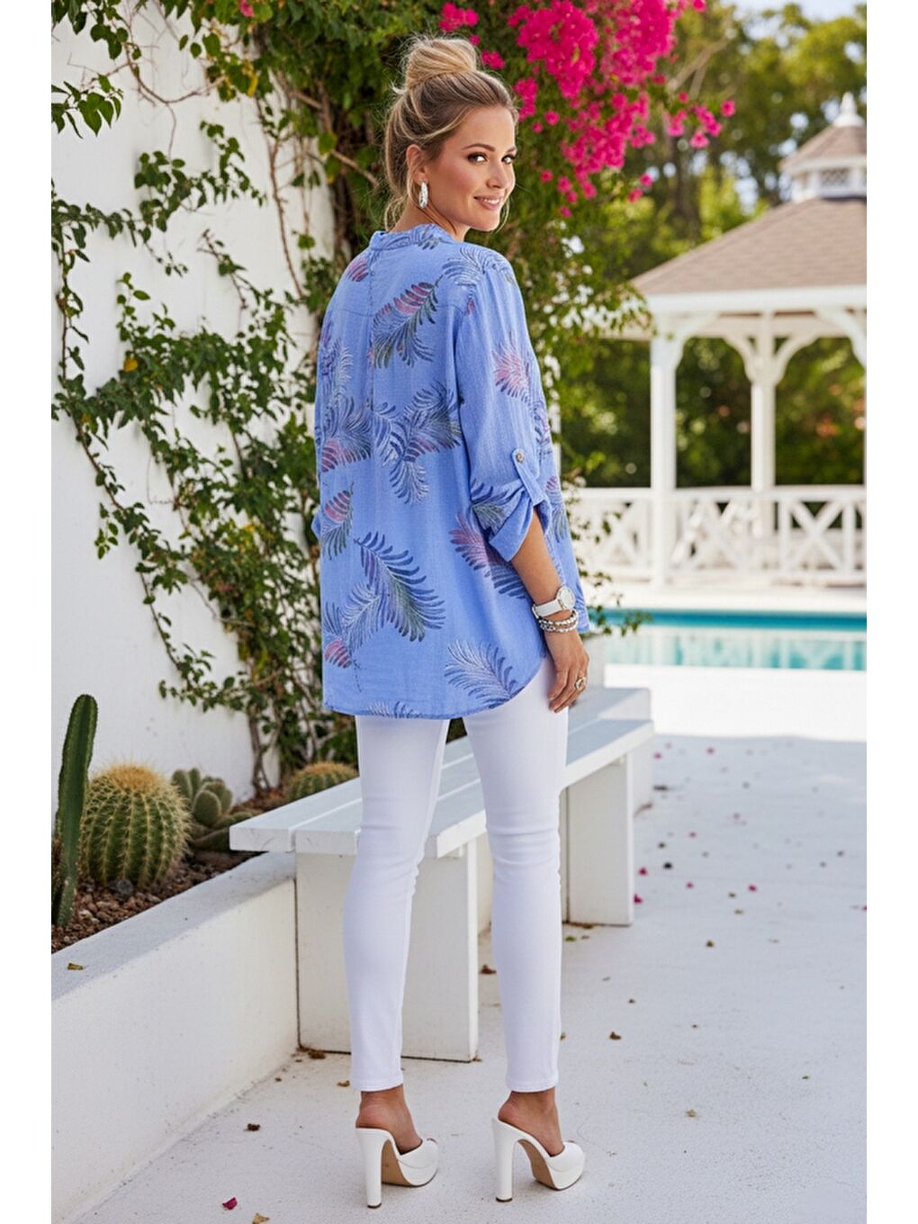 İtalyan Lila Hakim Yaka Düğmeli 3/4 Kol Yaprak Desenli Cepli Keten Görünümlü Dokuma Bluz 75 65-3